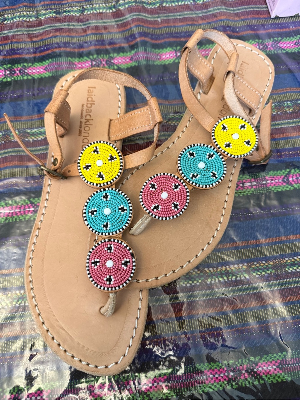 Laidback London Women's Beaded Leather Thong Sandals in Yellow/Turquoise/Pink - Picture 2 of 5